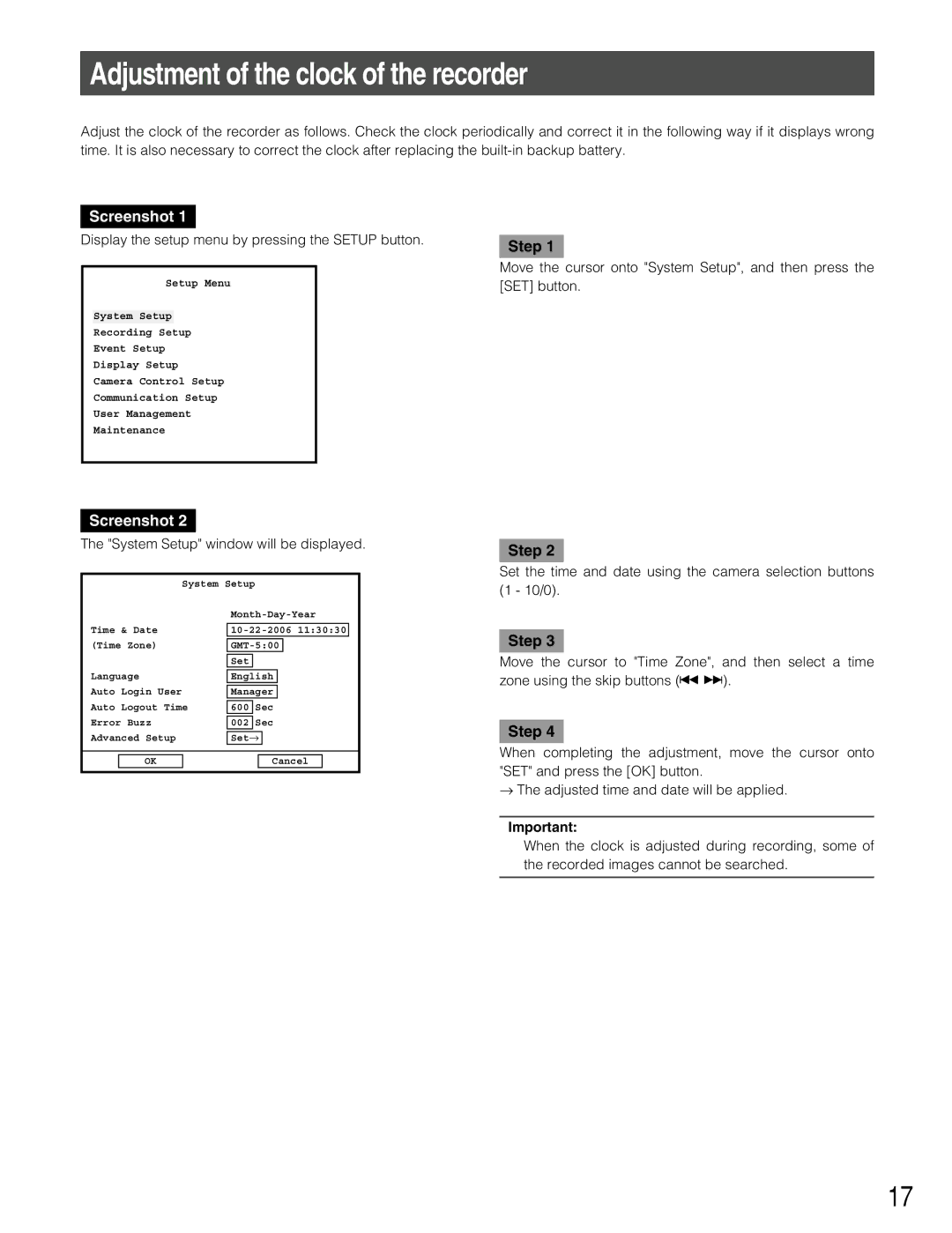 Panasonic WJ-RT416V manual Adjustment of the clock of the recorder, Display the setup menu by pressing the Setup button 