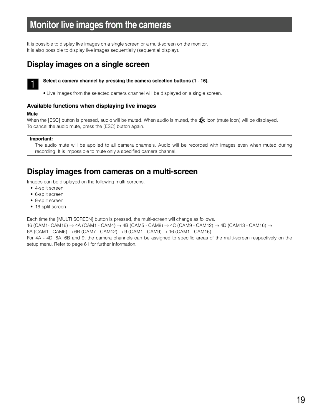 Panasonic WJ-RT416V manual Monitor live images from the cameras, Display images on a single screen, Mute 