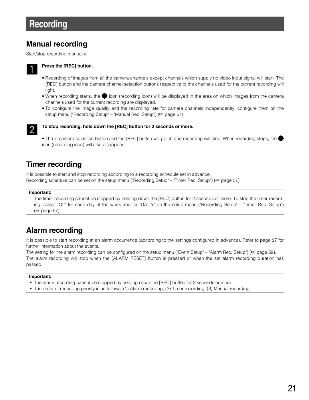 Panasonic WJ-RT416V manual Recording, Manual recording, Timer recording, Alarm recording, Press the REC button 