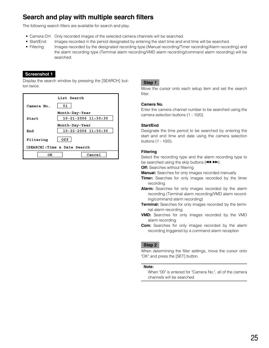 Panasonic WJ-RT416V manual Search and play with multiple search filters, Searched, Start/End, Filtering 