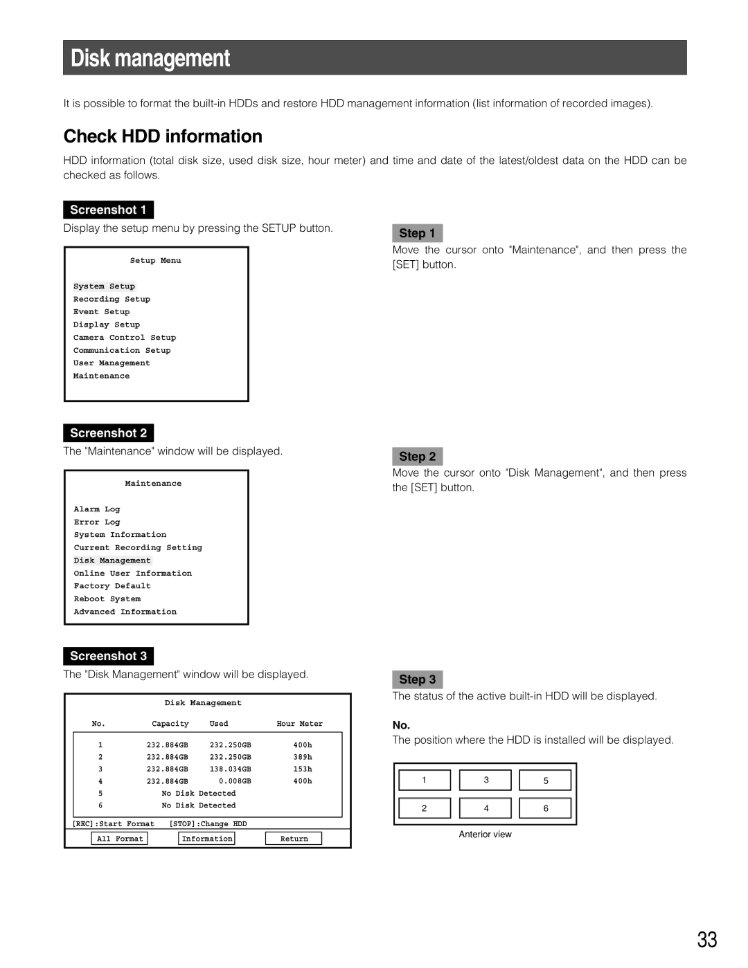 Panasonic WJ-RT416V manual Disk management, Check HDD information, Maintenance window will be displayed 