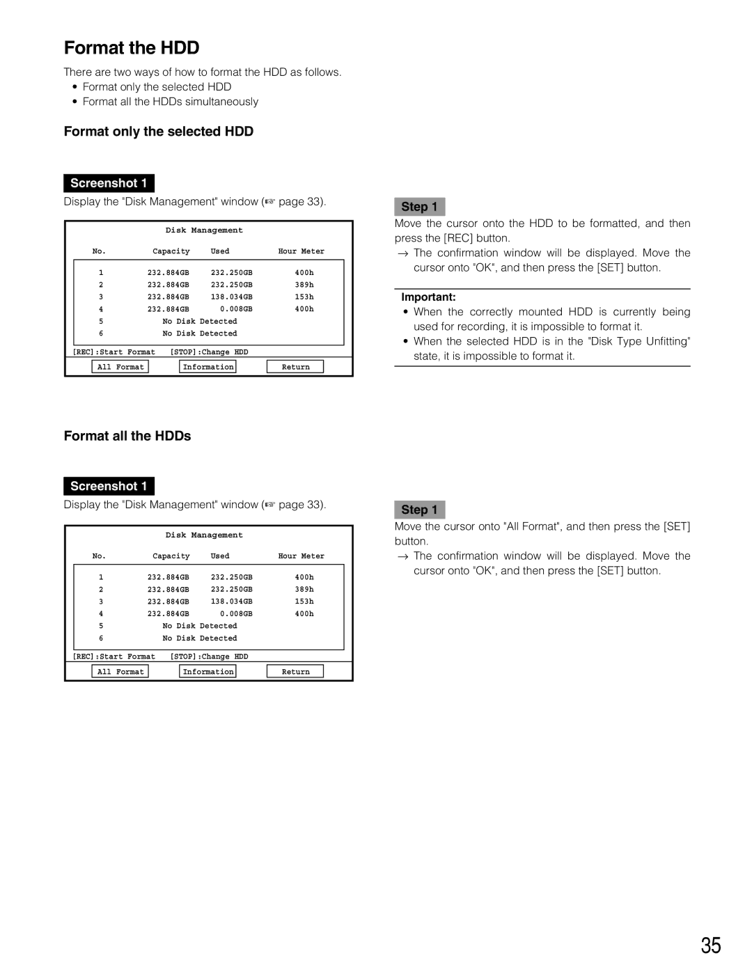 Panasonic WJ-RT416V Format the HDD, Format only the selected HDD, Format all the HDDs, Display the Disk Management window 