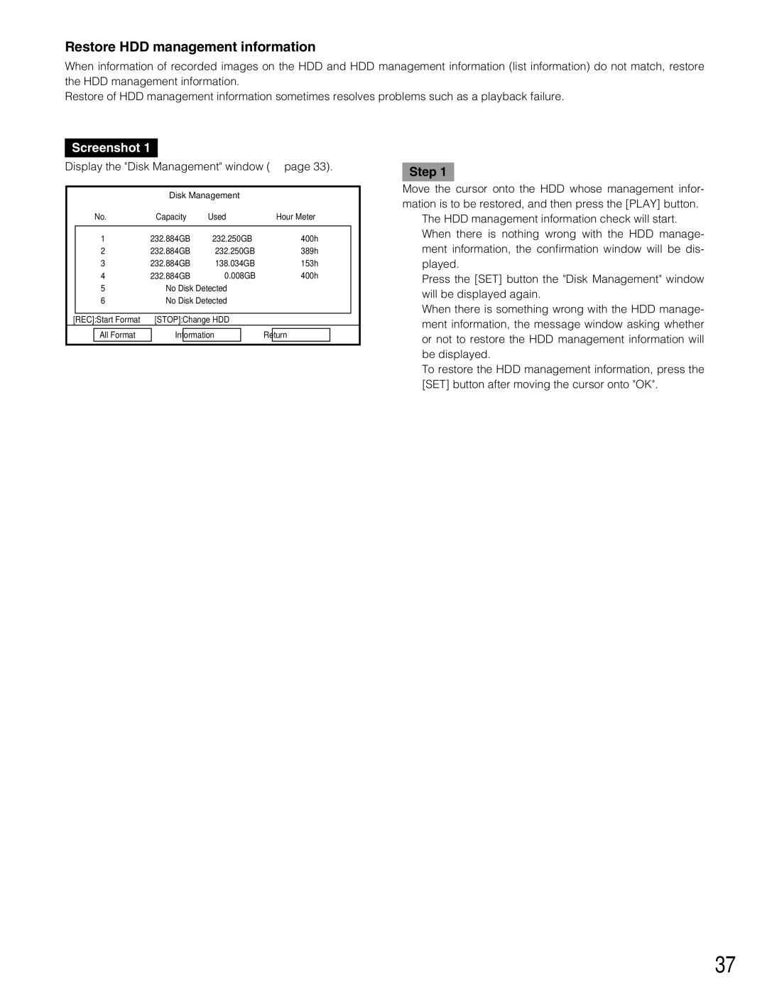 Panasonic WJ-RT416V manual Restore HDD management information 