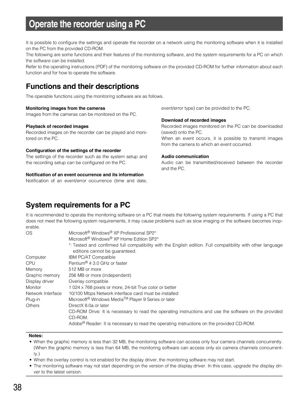 Panasonic WJ-RT416 manual Operate the recorder using a PC, Functions and their descriptions, System requirements for a PC 