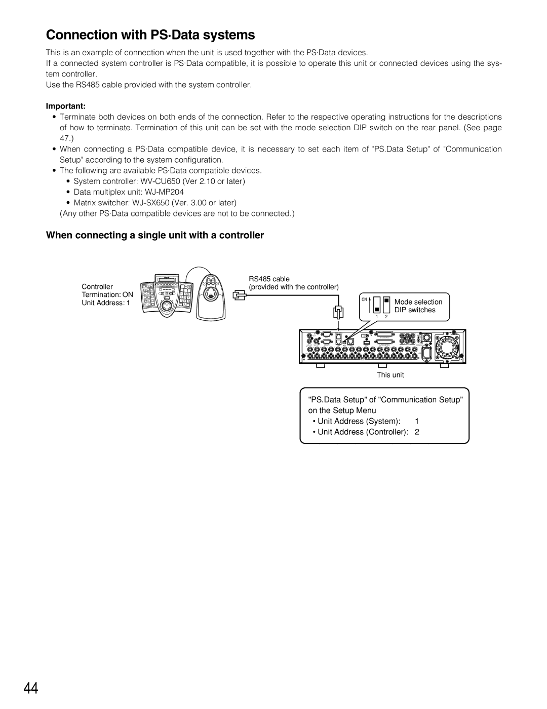 Panasonic WJ-RT416V manual Connection with PS·Data systems, When connecting a single unit with a controller 