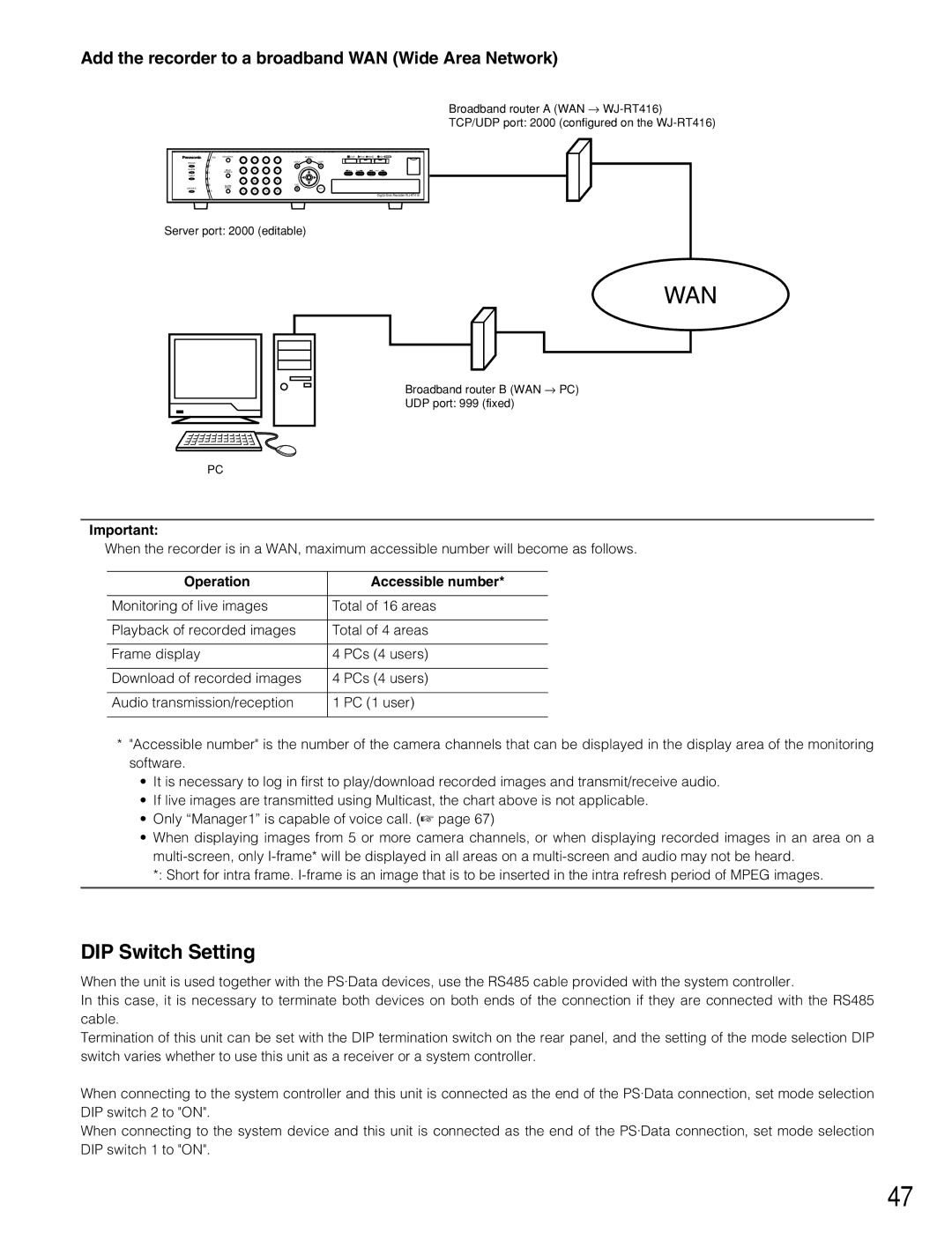 Panasonic WJ-RT416V manual Add the recorder to a broadband WAN Wide Area Network, Operation Accessible number 