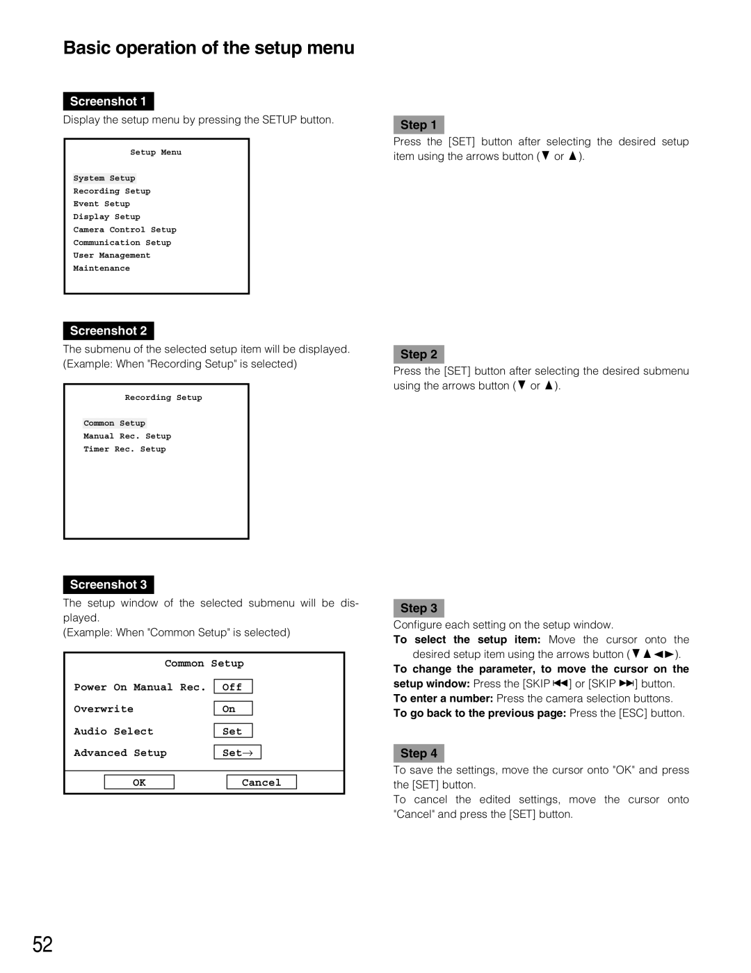 Panasonic WJ-RT416V manual Basic operation of the setup menu, Display the setup menu by pressing the Setup button 