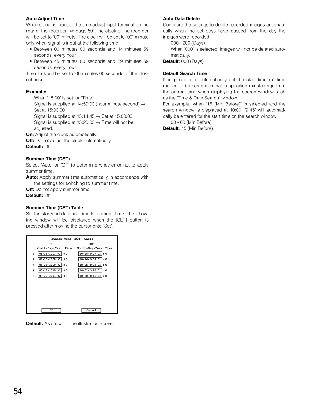 Panasonic WJ-RT416 Auto Adjust Time, Example, Default Off Summer Time DST Table, Auto Data Delete, Default Search Time 