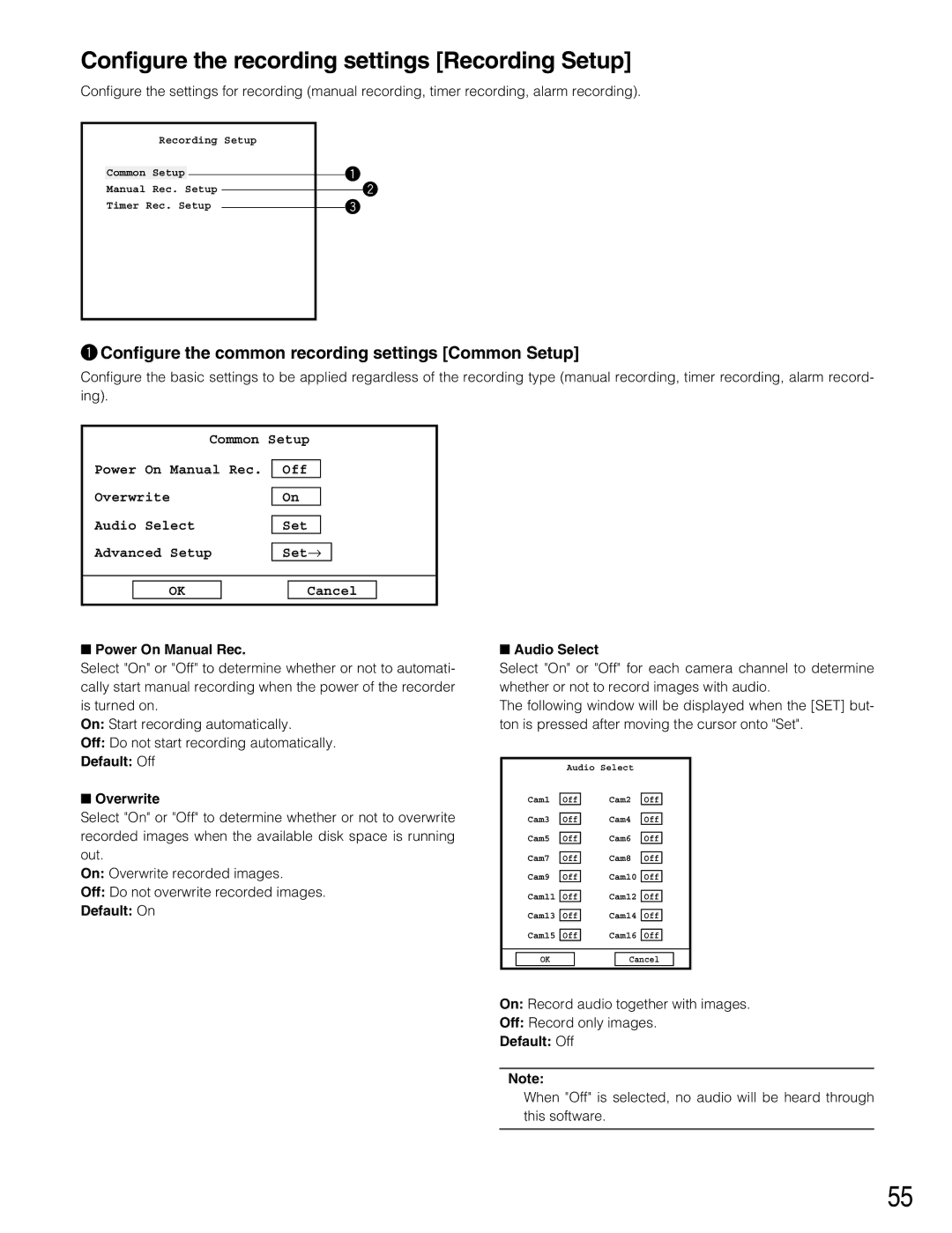 Panasonic WJ-RT416V Configure the recording settings Recording Setup, Configure the common recording settings Common Setup 