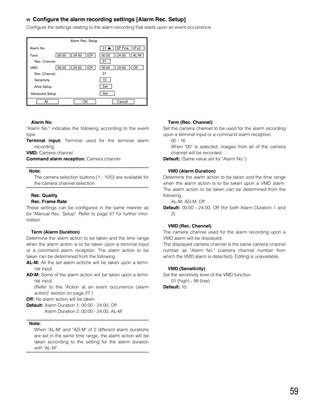 Panasonic WJ-RT416V manual Configure the alarm recording settings Alarm Rec. Setup 