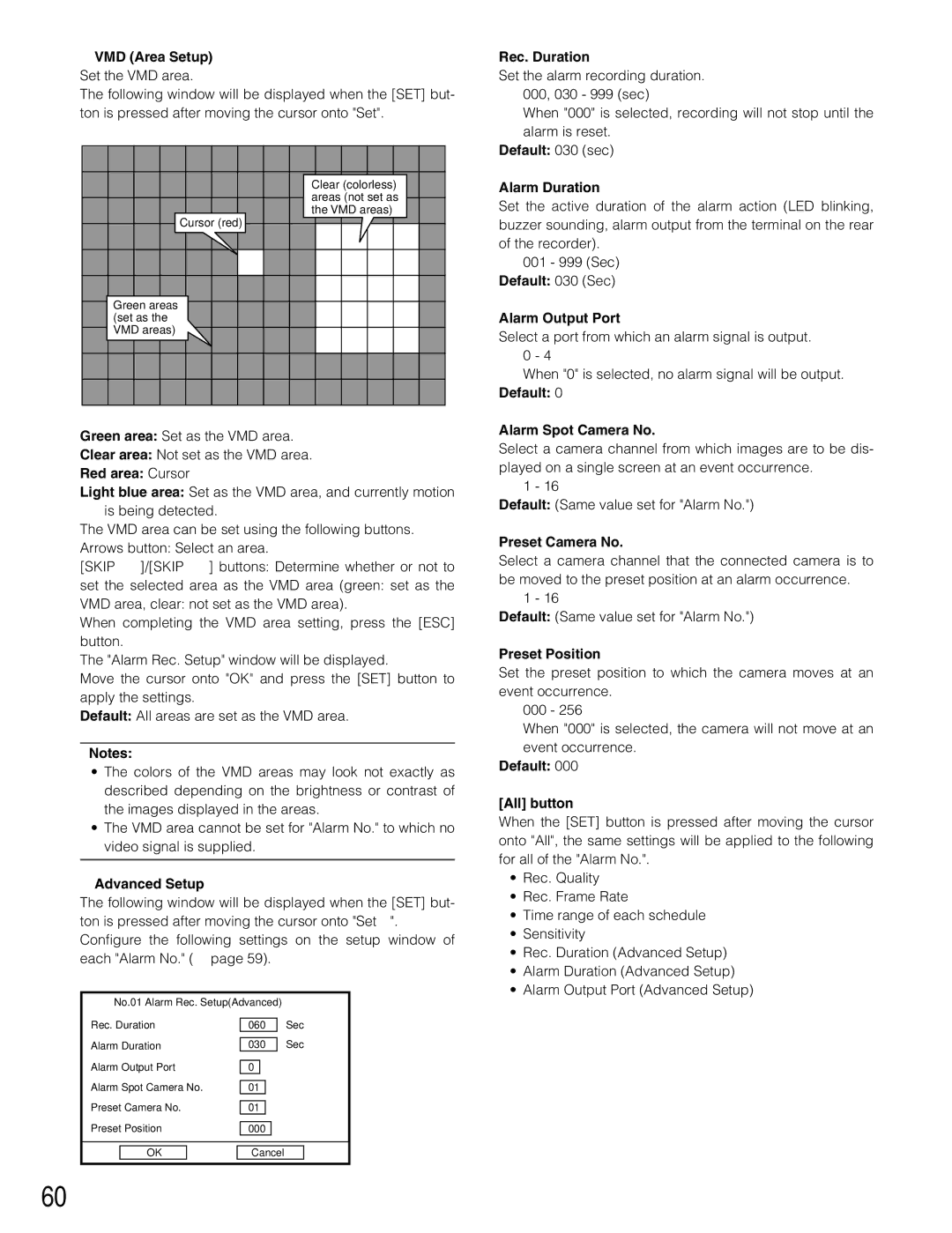 Panasonic WJ-RT416 manual VMD Area Setup Set the VMD area, Red area Cursor, Rec. Duration, Default 030 sec Alarm Duration 