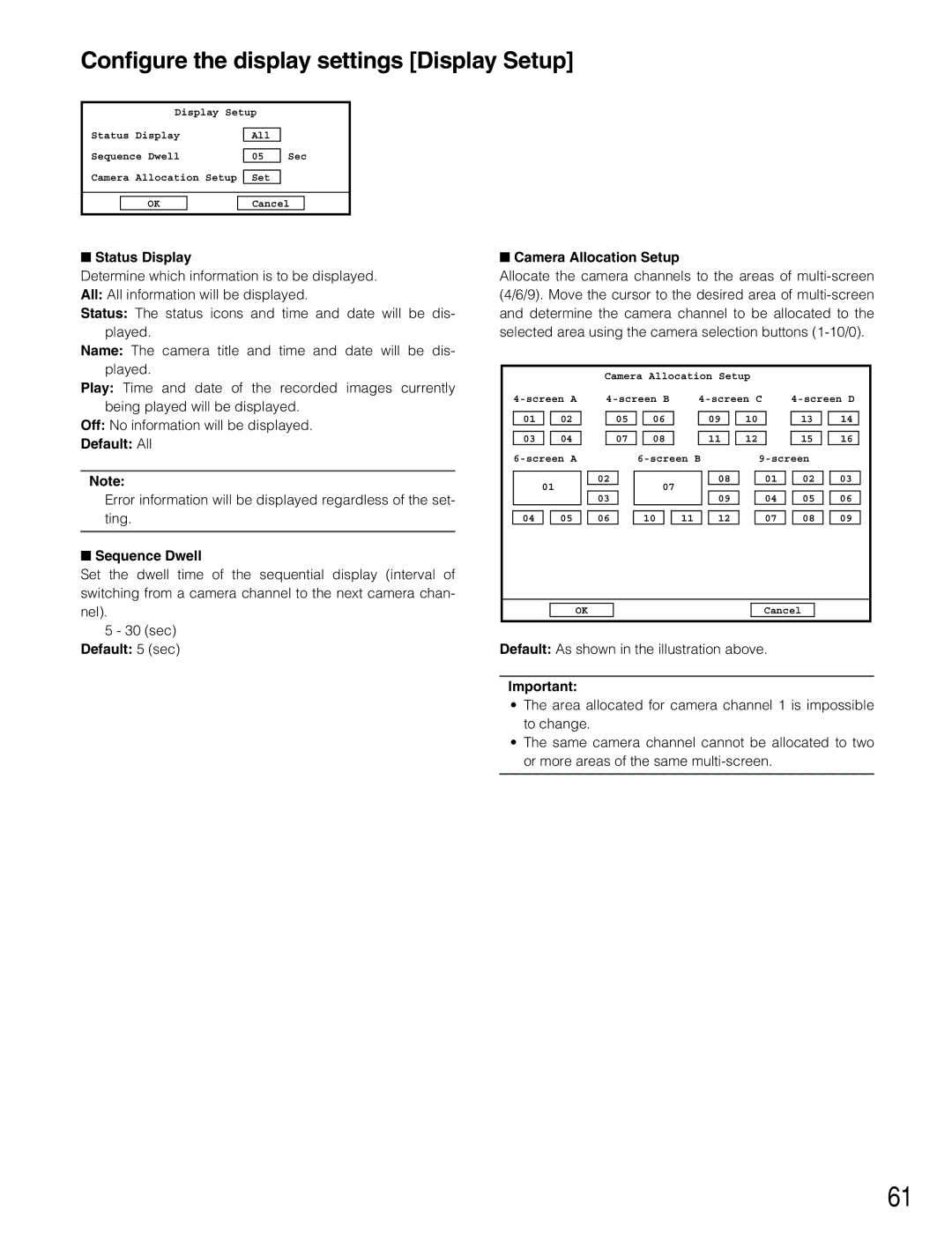 Panasonic WJ-RT416V manual Configure the display settings Display Setup, Status Display, Default All, Sequence Dwell 