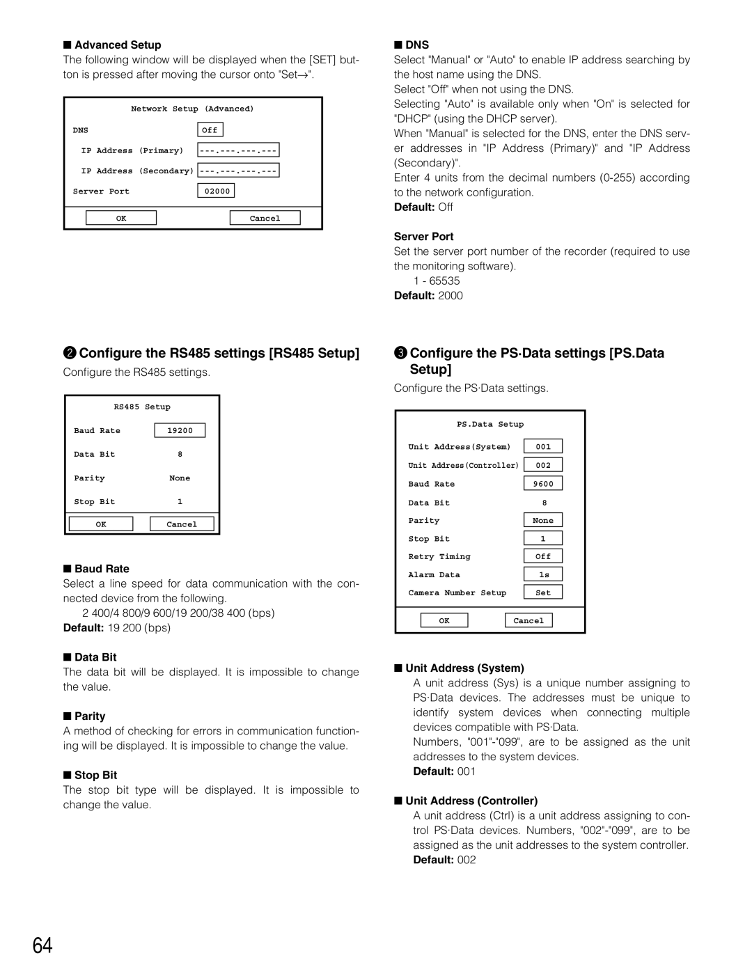 Panasonic WJ-RT416V manual Configure the RS485 settings RS485 Setup, Configure the PS·Data settings PS.Data Setup 