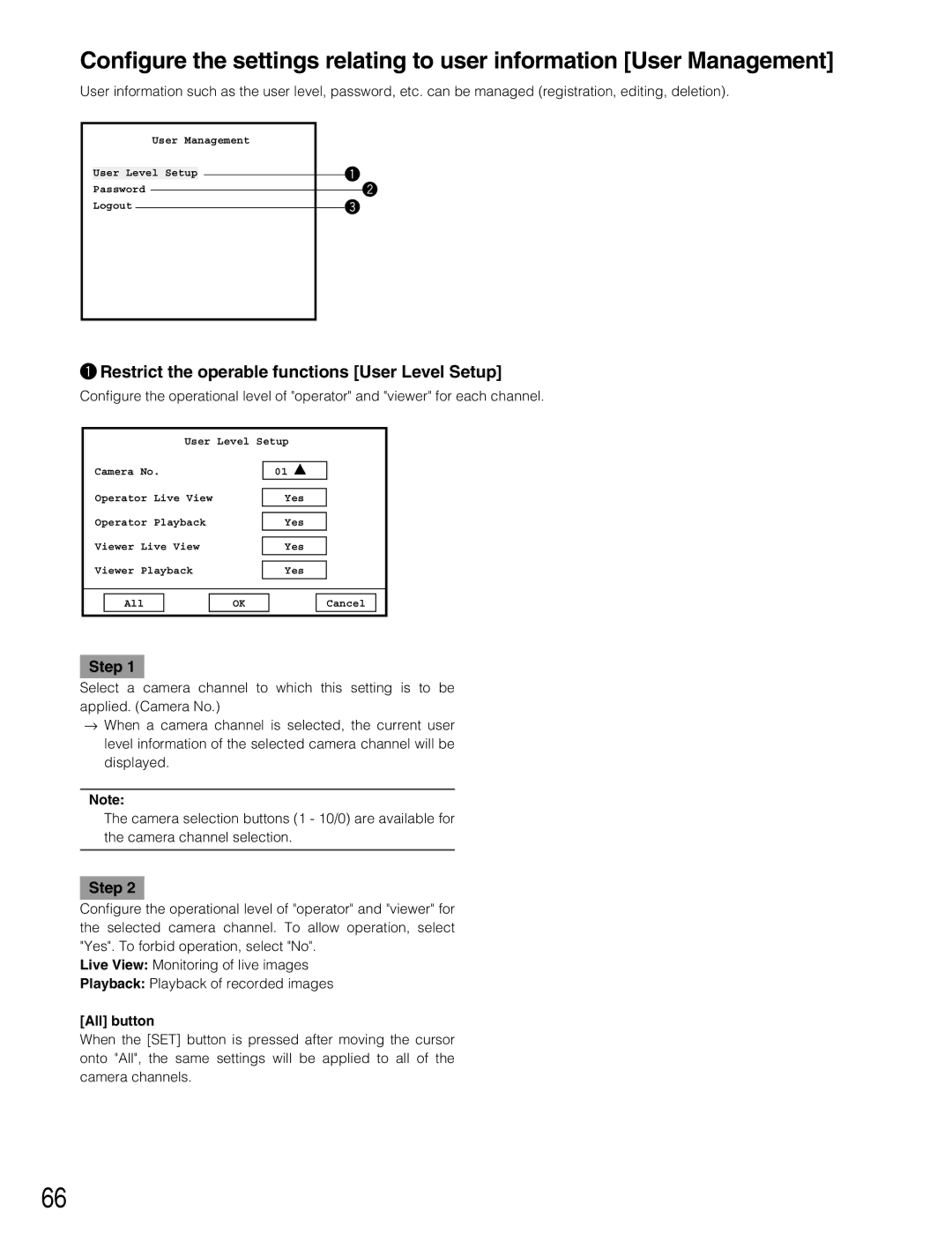 Panasonic WJ-RT416V manual Restrict the operable functions User Level Setup, All button 