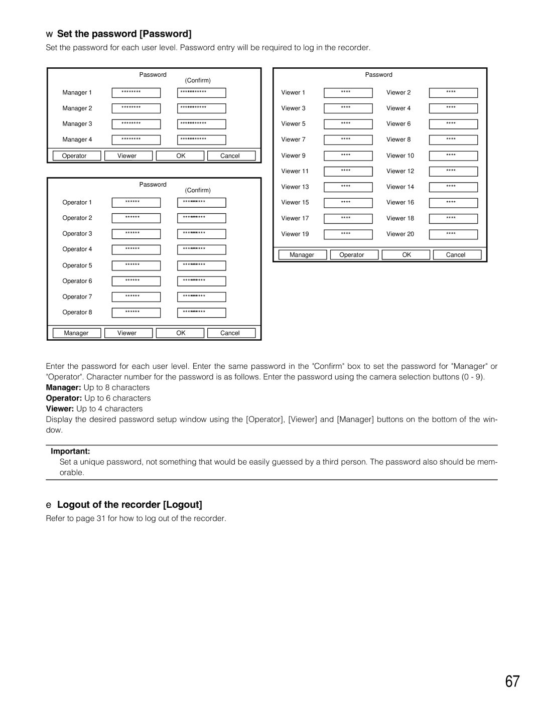 Panasonic WJ-RT416V manual Set the password Password, Logout of the recorder Logout 