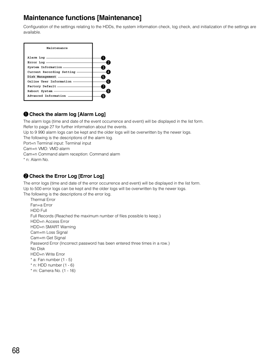 Panasonic WJ-RT416 manual Maintenance functions Maintenance, Check the alarm log Alarm Log, Check the Error Log Error Log 