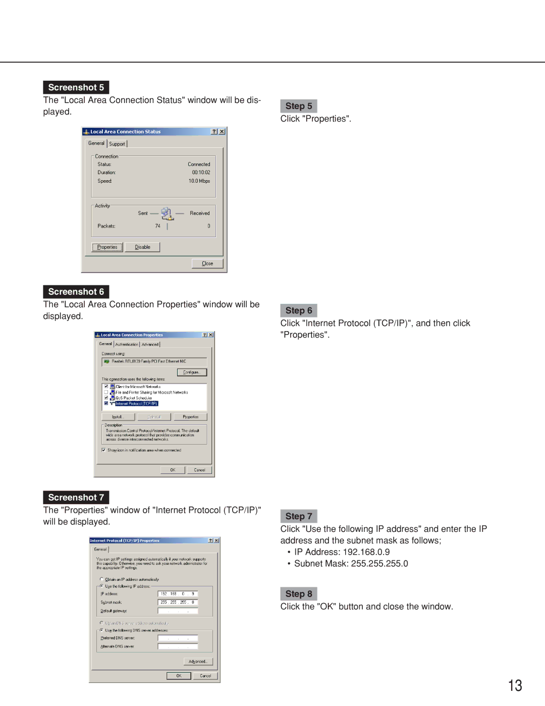 Panasonic WJ-RT416 manual Local Area Connection Status window will be dis- played 