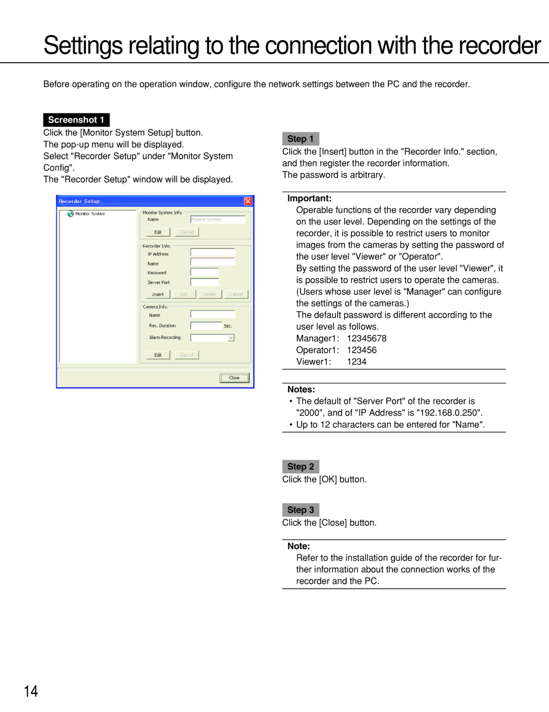 Panasonic WJ-RT416 manual Settings relating to the connection with the recorder 