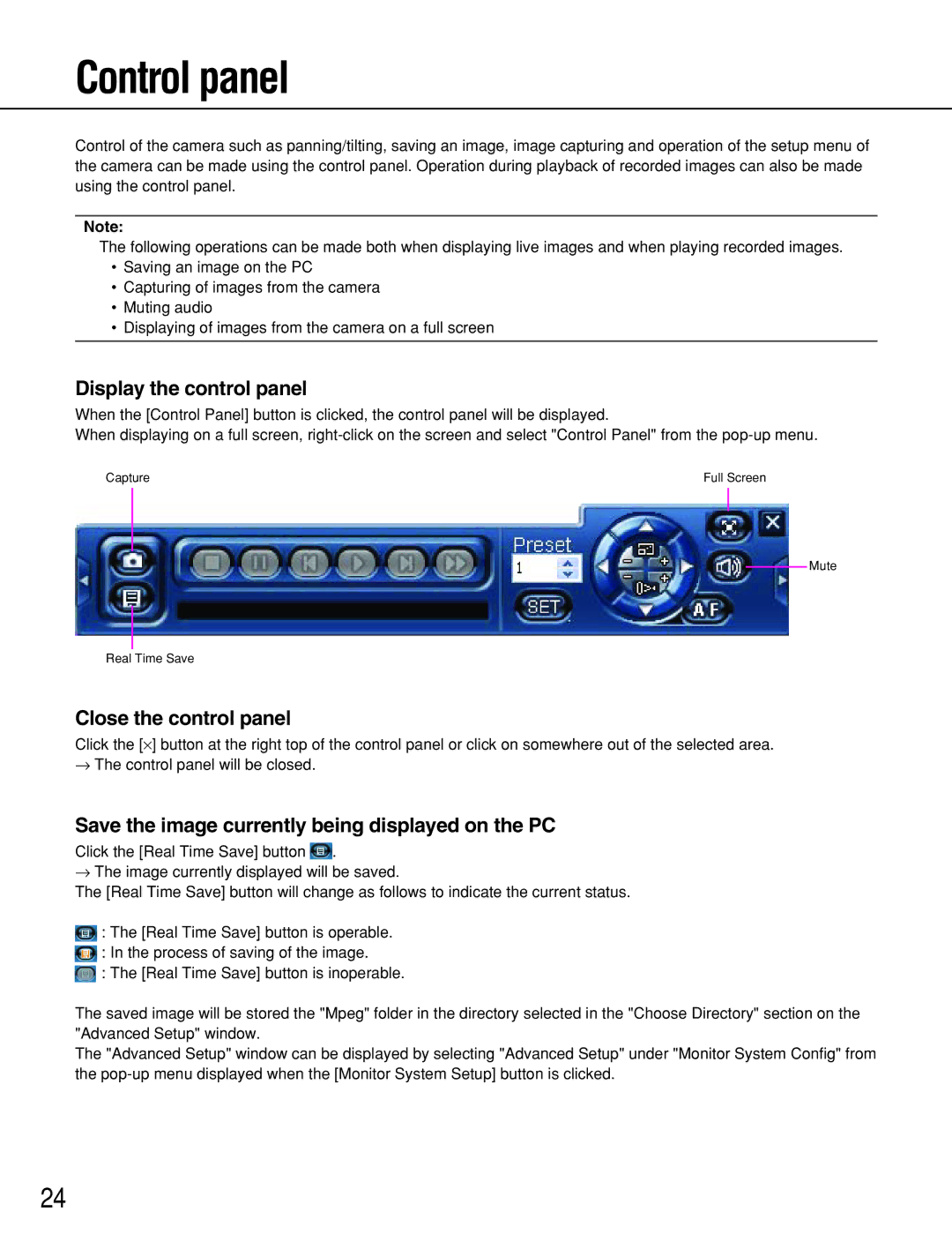 Panasonic WJ-RT416 manual Control panel, Display the control panel, Close the control panel 