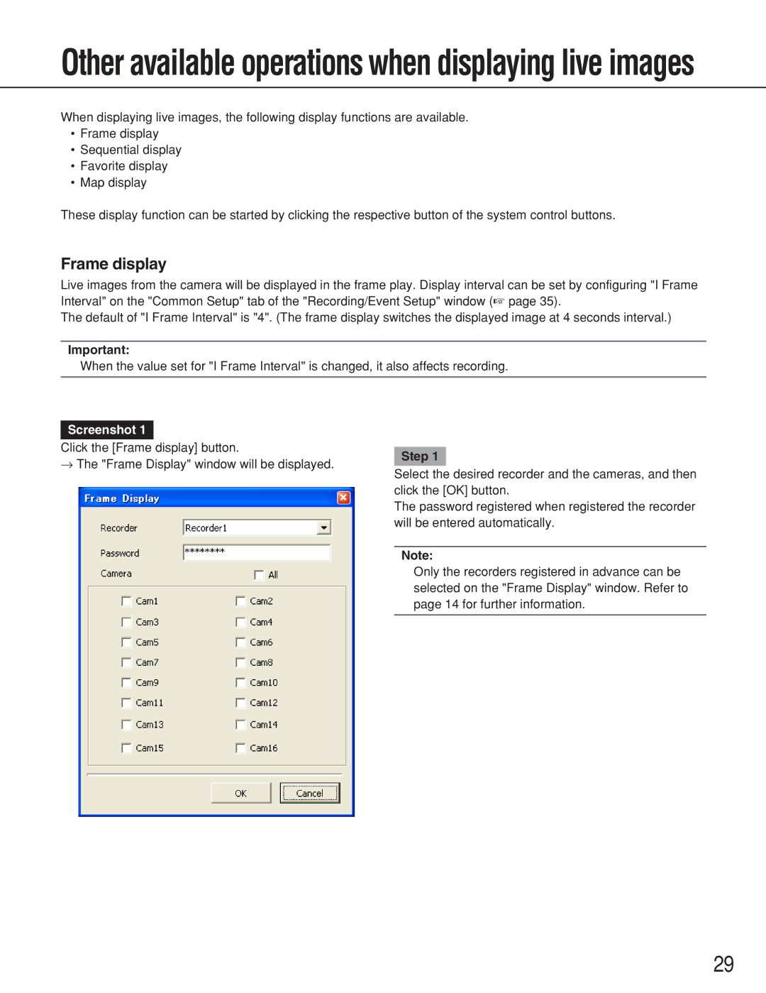 Panasonic WJ-RT416 manual Other available operations when displaying live images, Frame display 