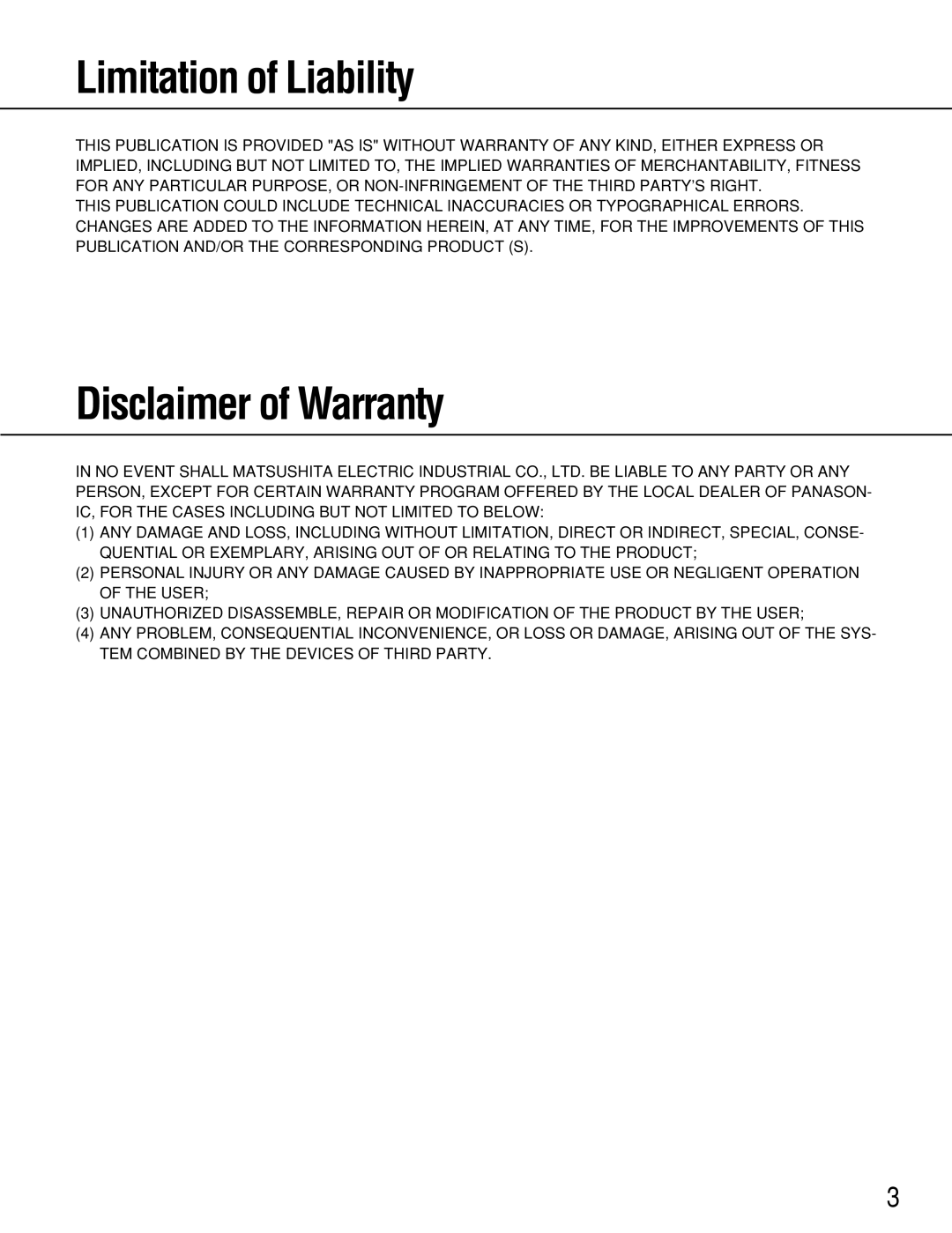 Panasonic WJ-RT416 manual Limitation of Liability, Disclaimer of Warranty 