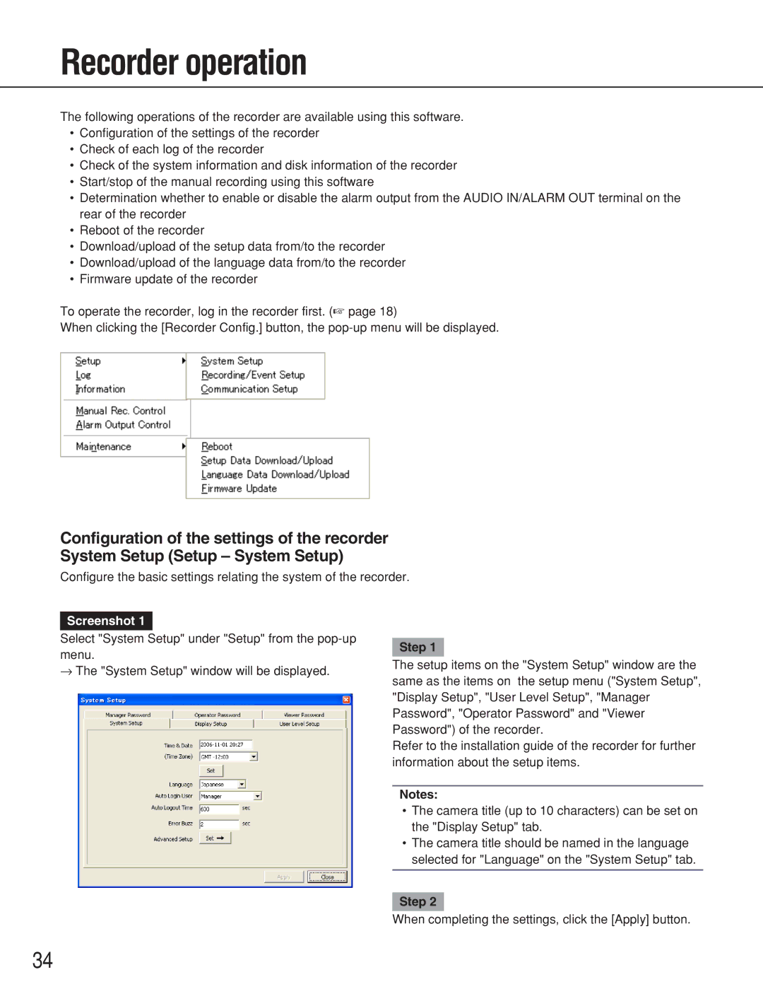 Panasonic WJ-RT416 manual Recorder operation 