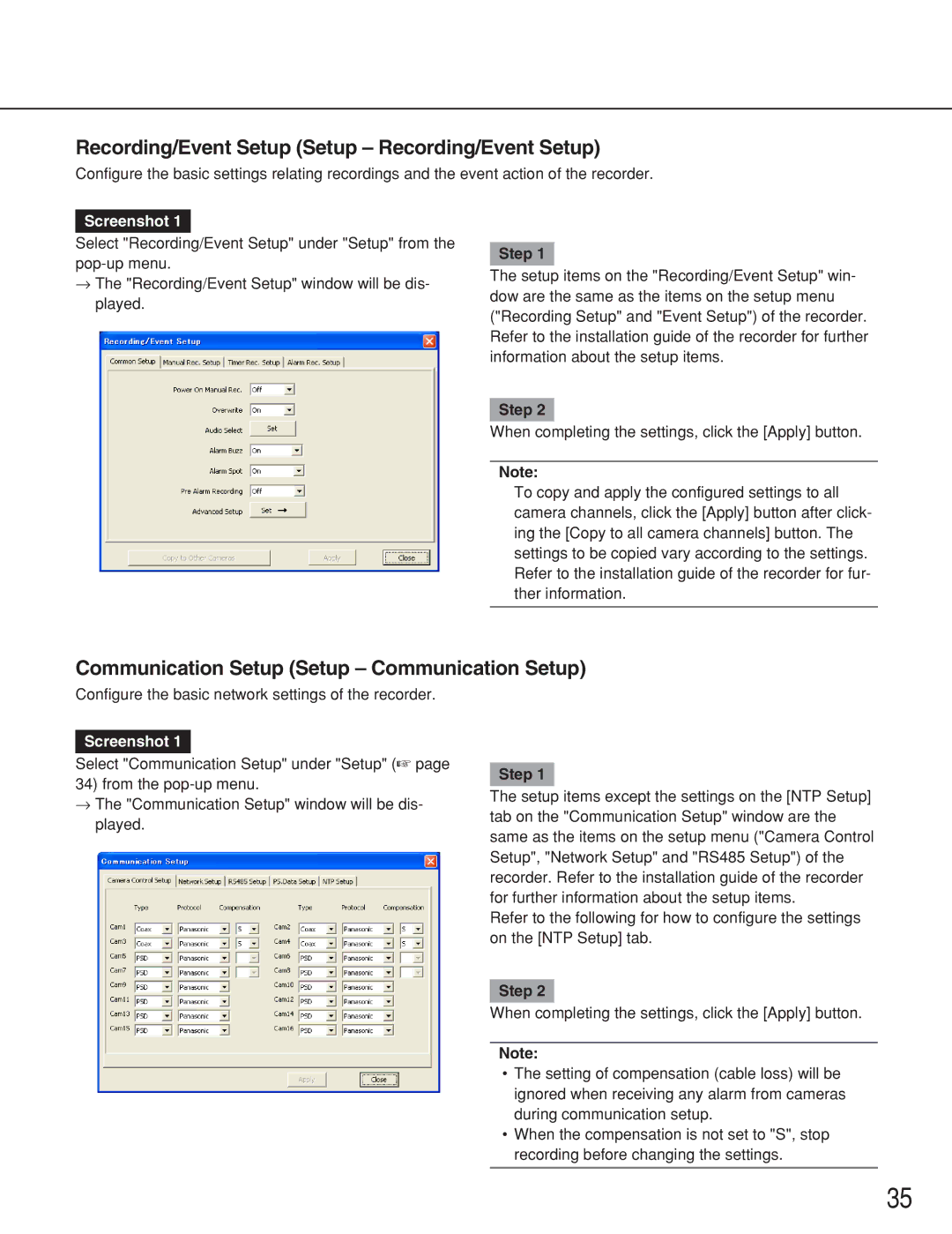 Panasonic WJ-RT416 manual Recording/Event Setup Setup Recording/Event Setup, Communication Setup Setup Communication Setup 