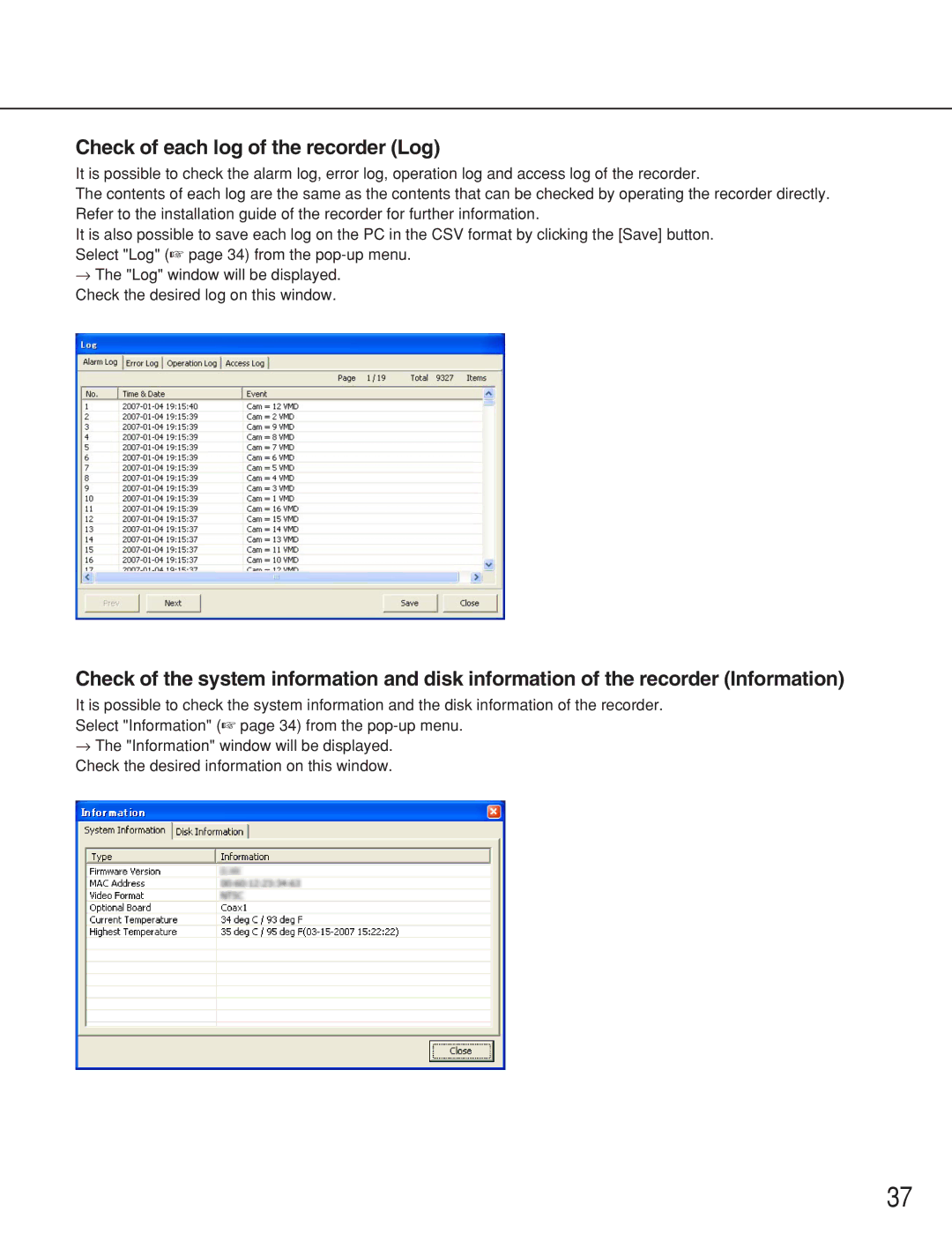 Panasonic WJ-RT416 manual Check of each log of the recorder Log 