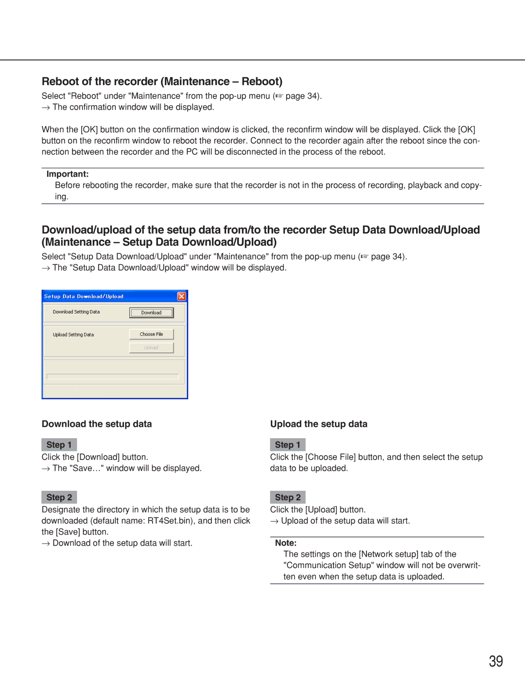 Panasonic WJ-RT416 manual Reboot of the recorder Maintenance Reboot, Download the setup data Upload the setup data 