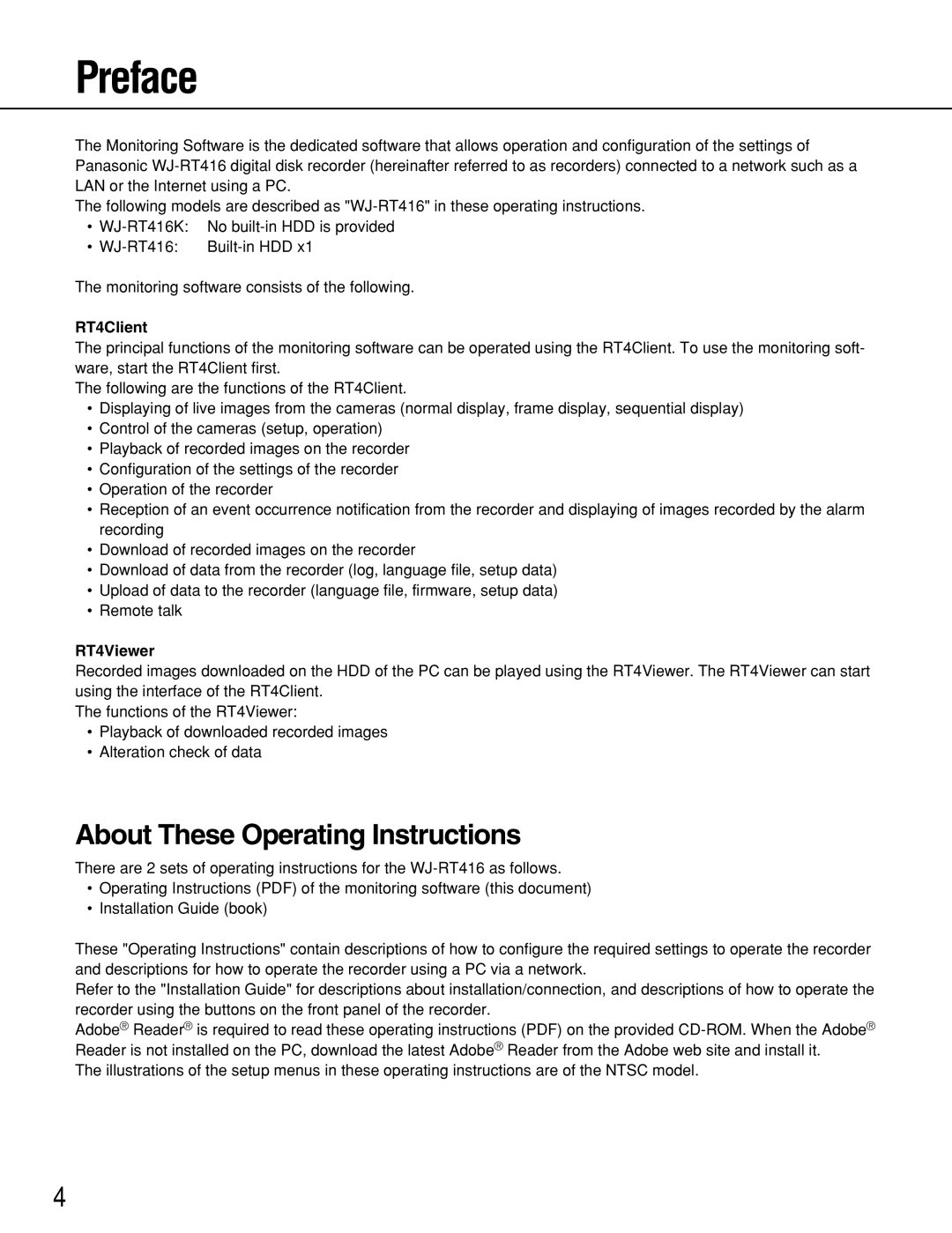 Panasonic WJ-RT416 manual Preface, RT4Client, RT4Viewer 