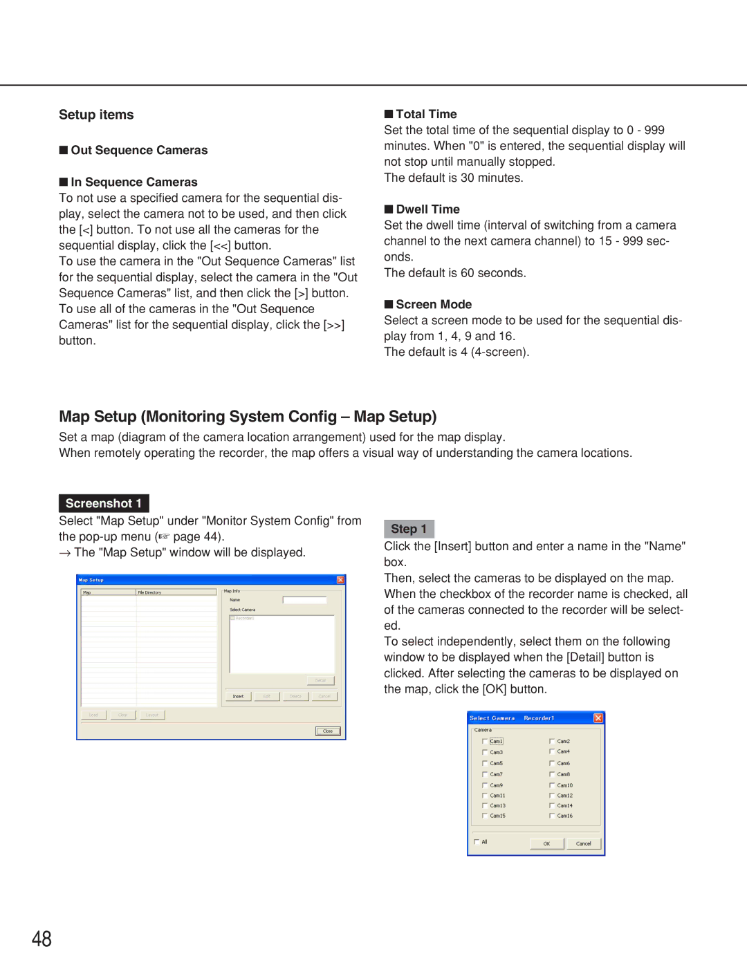 Panasonic WJ-RT416 Map Setup Monitoring System Config Map Setup, Out Sequence Cameras, Total Time, Dwell Time, Screen Mode 