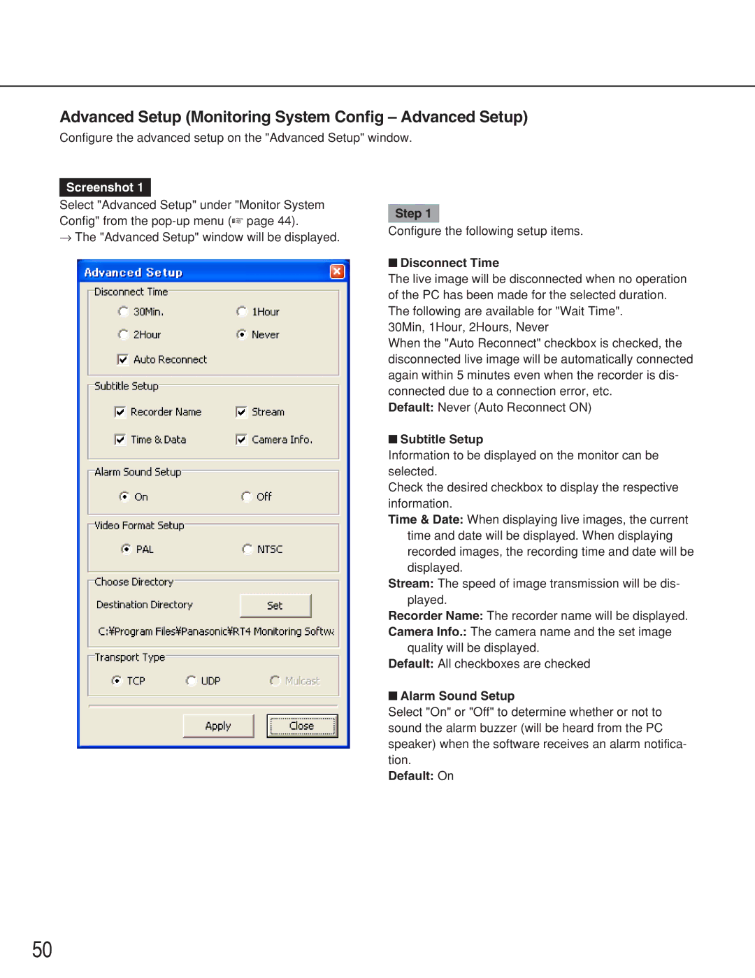 Panasonic WJ-RT416 Advanced Setup Monitoring System Config Advanced Setup, Disconnect Time, Subtitle Setup, Default On 