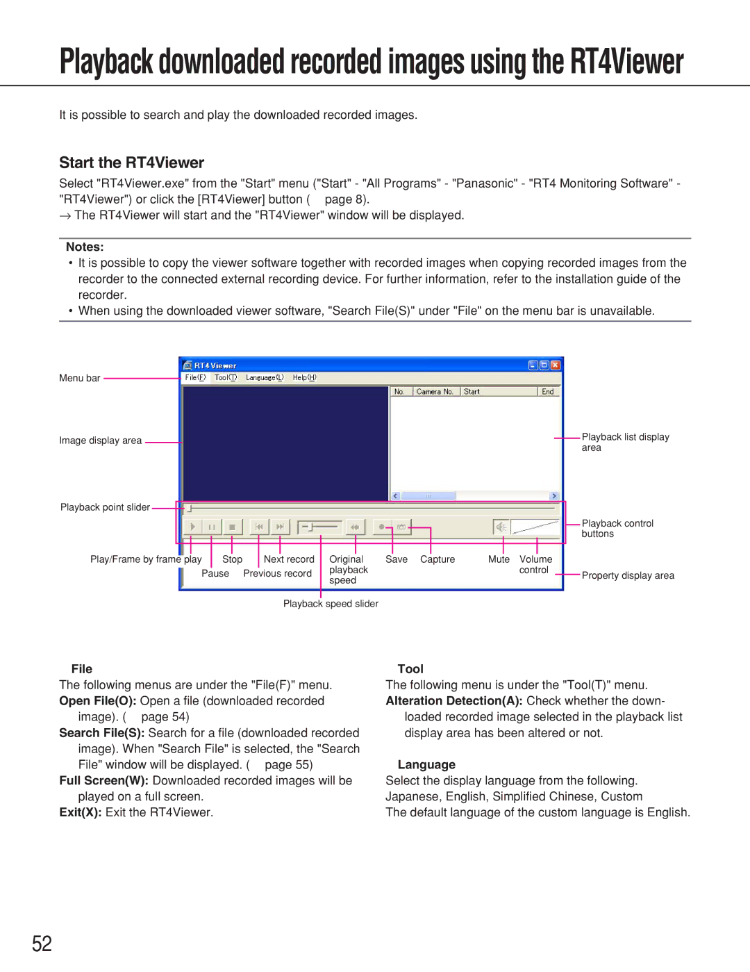 Panasonic WJ-RT416 manual Start the RT4Viewer, File, Tool, Language 