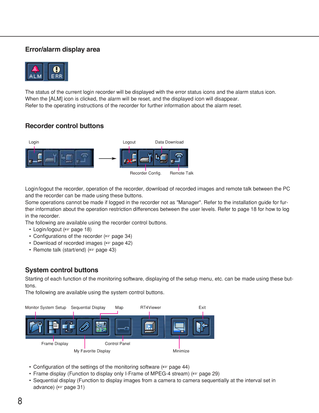 Panasonic WJ-RT416 manual Error/alarm display area, Recorder control buttons, System control buttons 