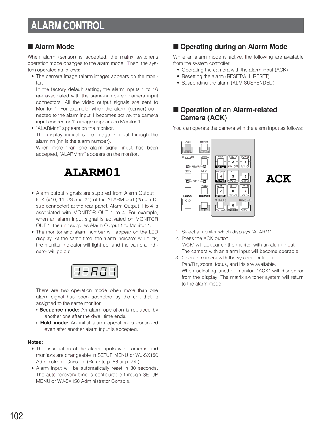 Panasonic WJ-SX 150 manual Alarm Control, 102, Operating during an Alarm Mode, Operation of an Alarm-related Camera ACK 