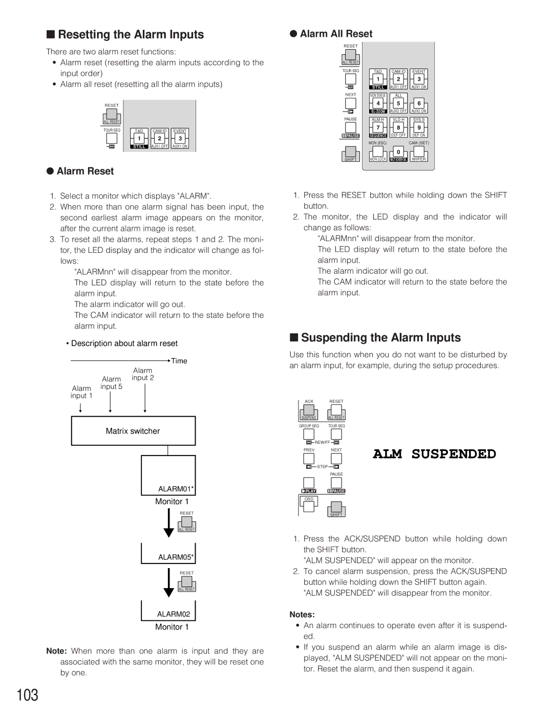 Panasonic WJ-SX 150 manual 103, Resetting the Alarm Inputs, Suspending the Alarm Inputs, Alarm Reset Alarm All Reset 