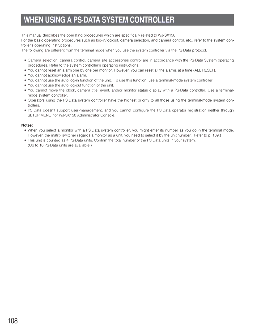 Panasonic WJ-SX 150 manual When Using a PS·DATA System Controller, 108 