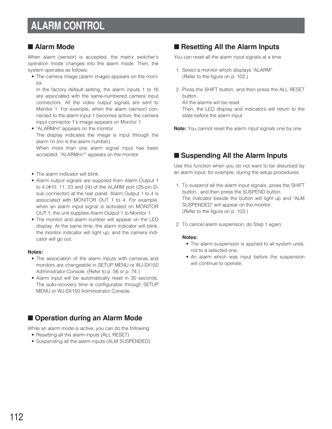 Panasonic WJ-SX 150 112, Operation during an Alarm Mode, Resetting All the Alarm Inputs, Suspending All the Alarm Inputs 