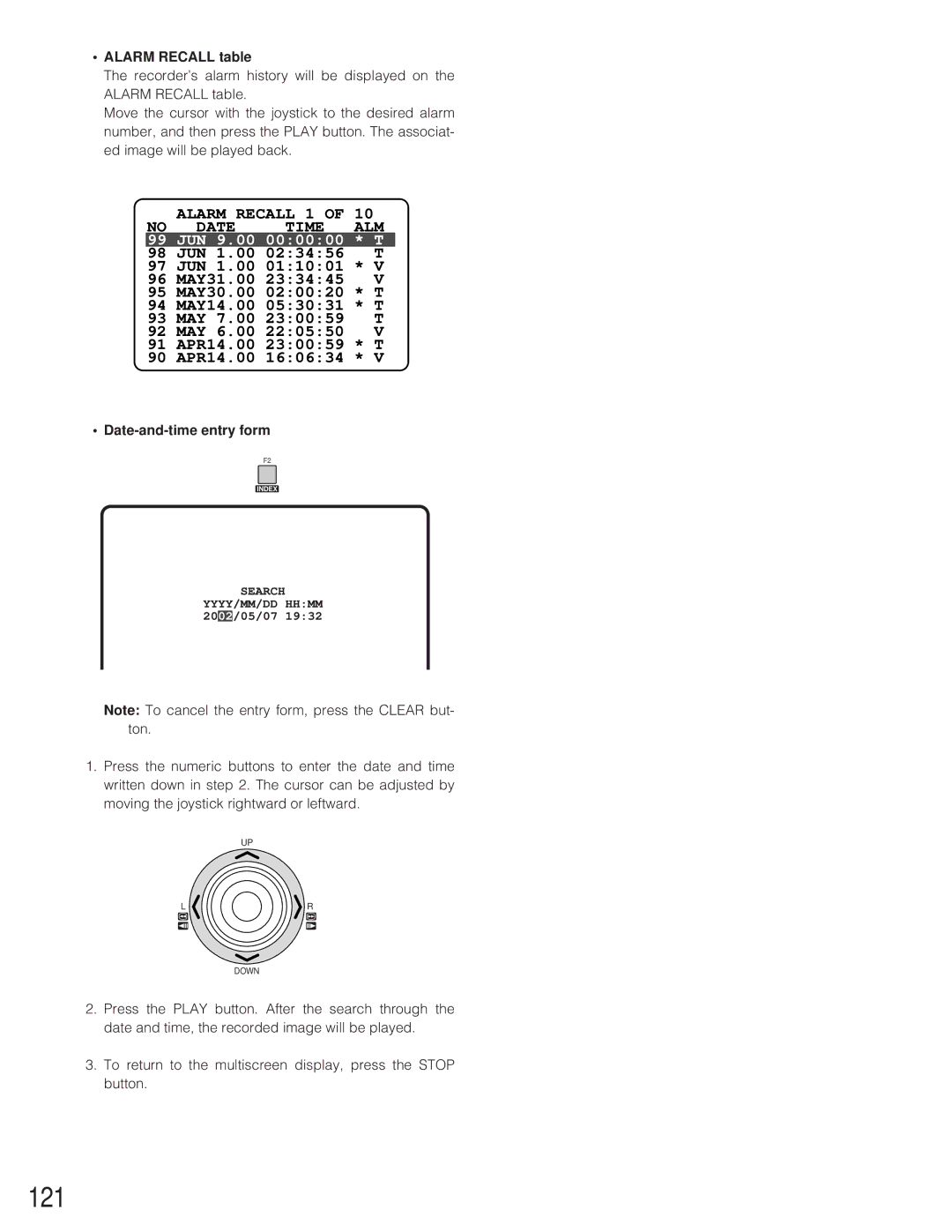 Panasonic WJ-SX 150 manual 121, Alarm Recall table, Date-and-time entry form 