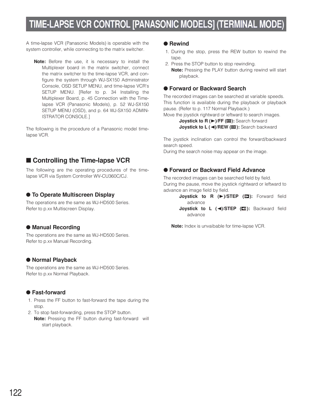 Panasonic WJ-SX 150 manual 122, Controlling the Time-lapse VCR, To Operate Multiscreen Display, Fast-forward, Rewind 