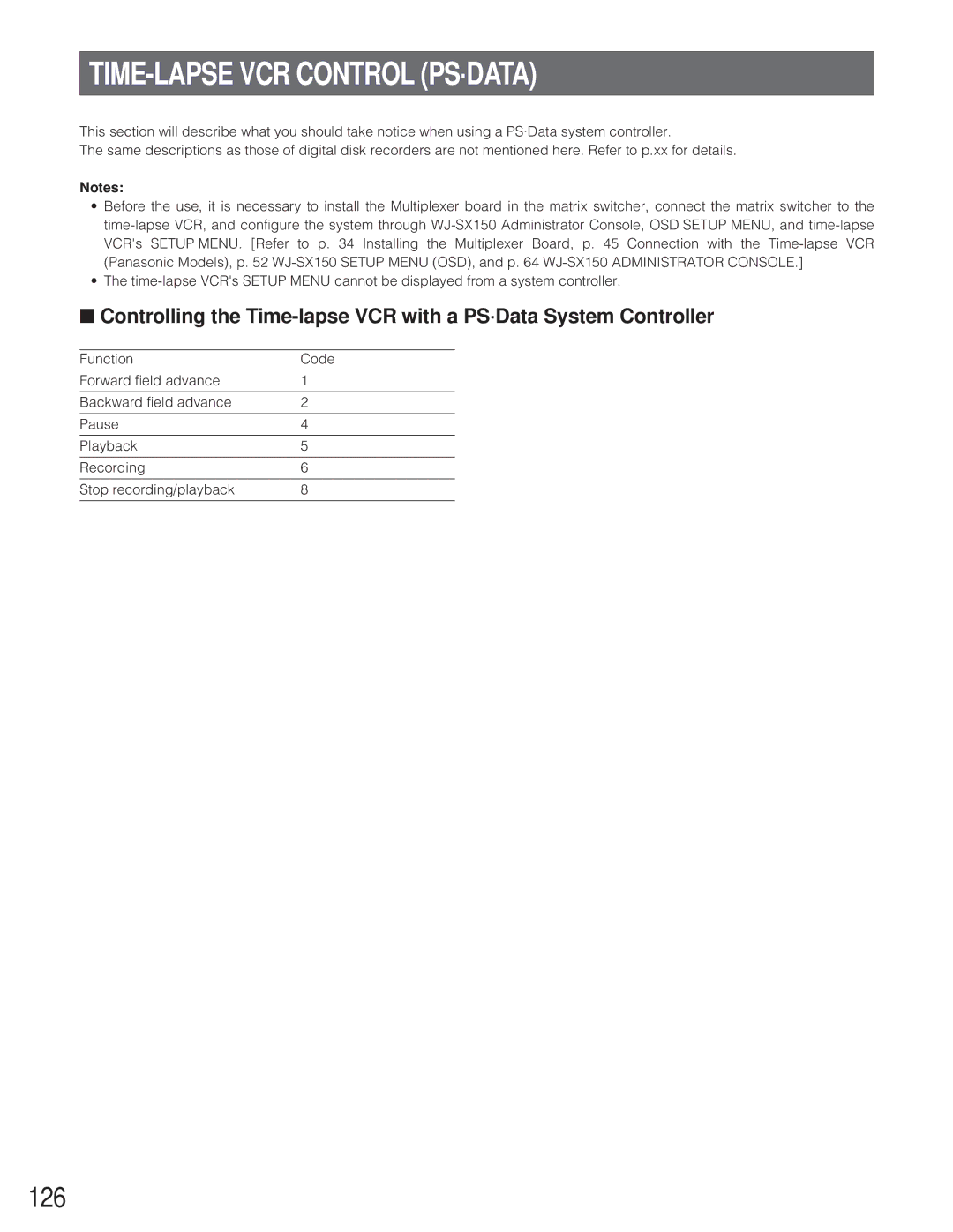 Panasonic WJ-SX 150 manual TIME-LAPSE VCR Control PS·DATA, 126 