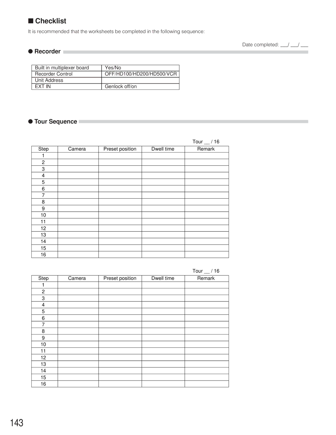 Panasonic WJ-SX 150 manual 143, Checklist, Recorder, Tour Sequence 