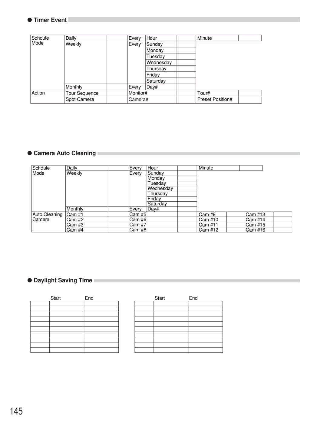 Panasonic WJ-SX 150 manual 145, Timer Event, Camera Auto Cleaning, Daylight Saving Time 