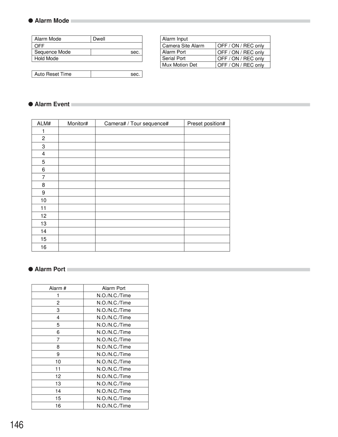 Panasonic WJ-SX 150 manual 146, Alarm Mode, Alarm Event, Alarm Port 