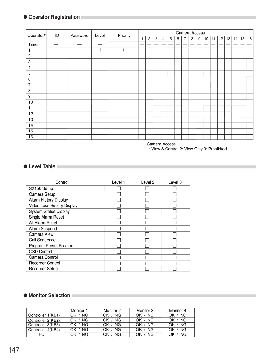 Panasonic WJ-SX 150 manual 147, Level Table 