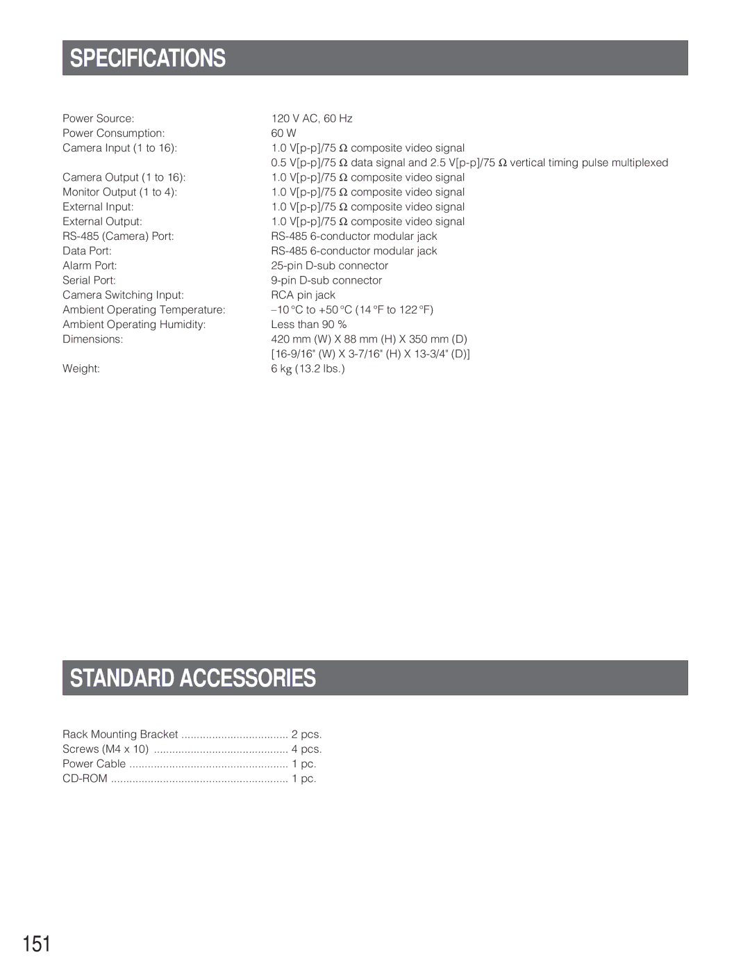 Panasonic WJ-SX 150 manual Specifications, Standard Accessories, 151 