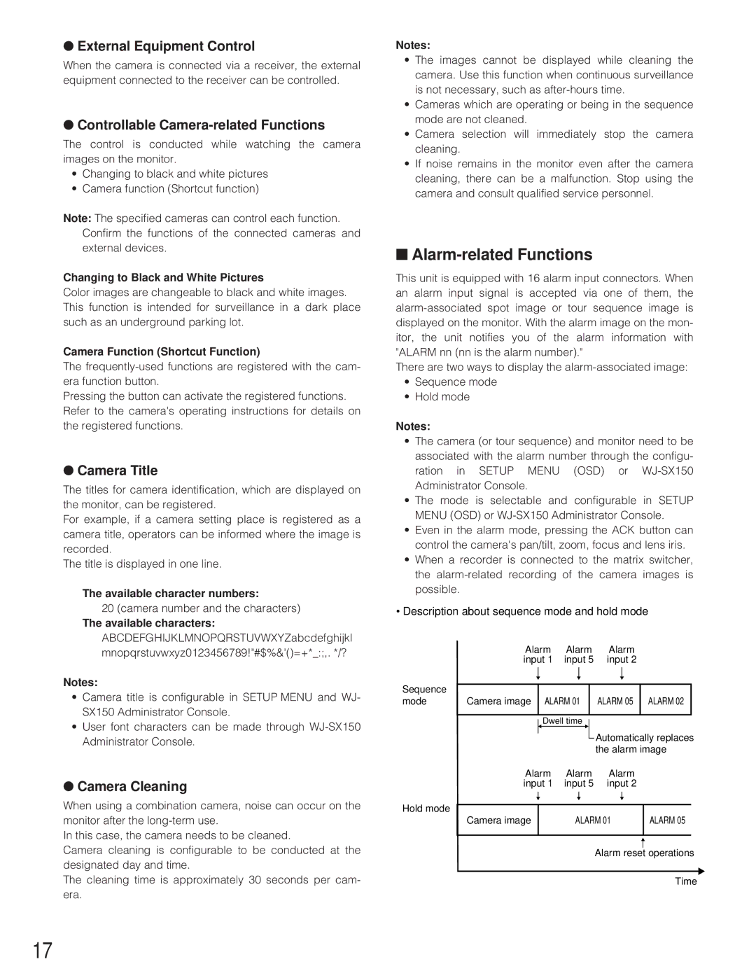 Panasonic WJ-SX 150 manual Alarm-related Functions, External Equipment Control, Controllable Camera-related Functions 