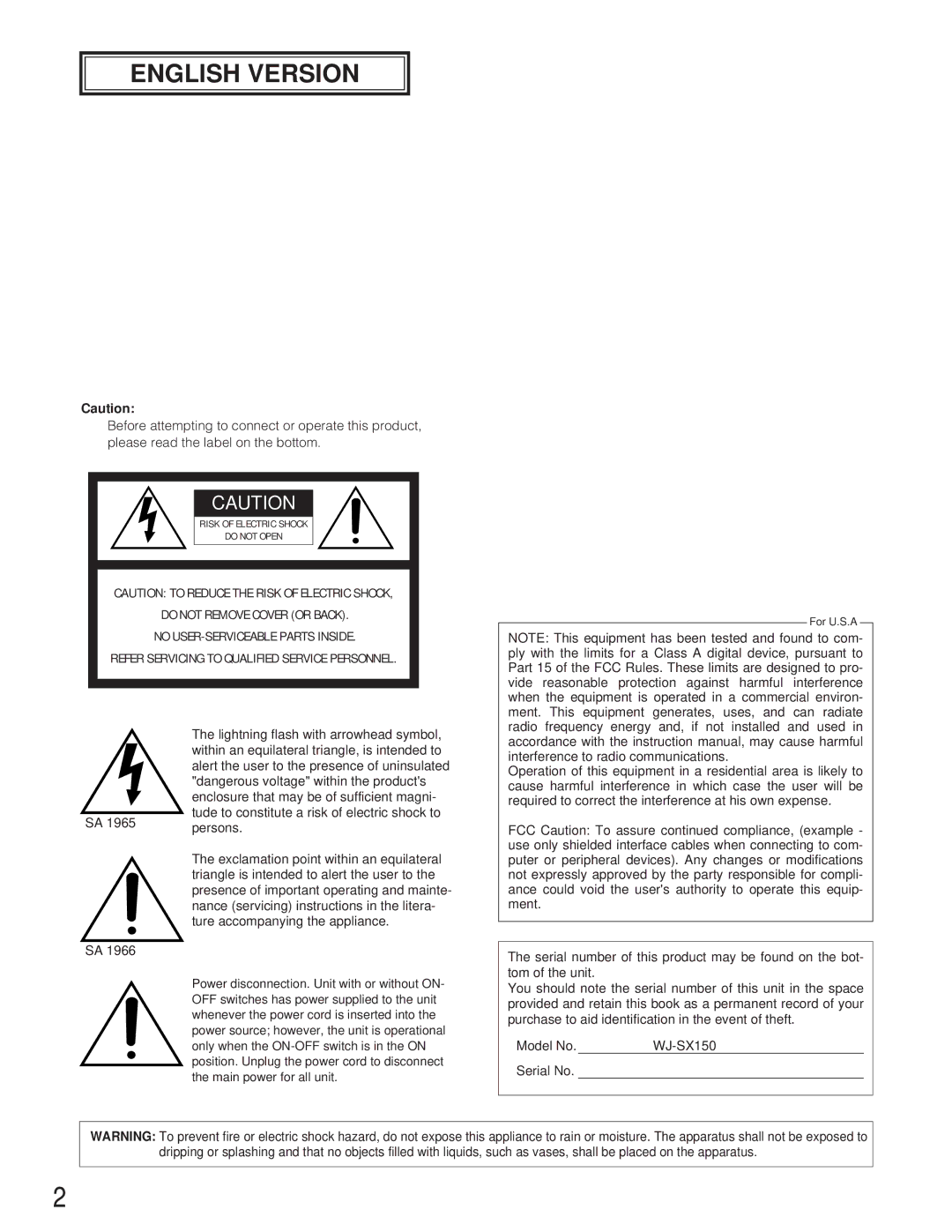 Panasonic WJ-SX 150 manual English Version 