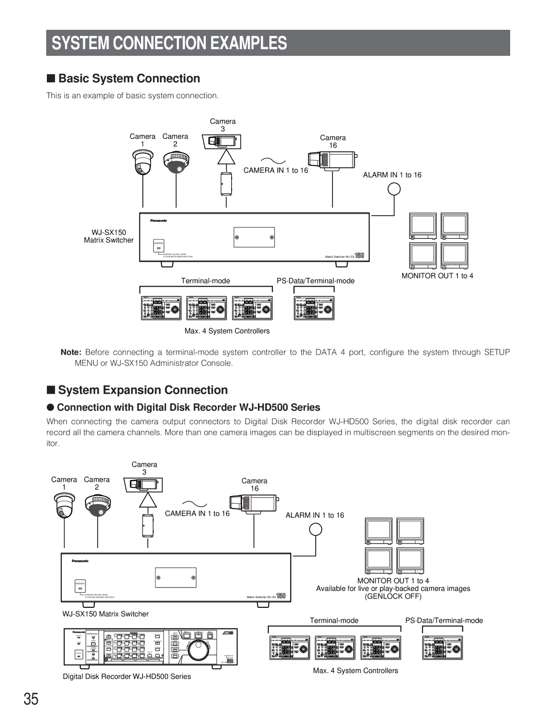 Panasonic WJ-SX 150 manual System Connection Examples, Basic System Connection, System Expansion Connection 