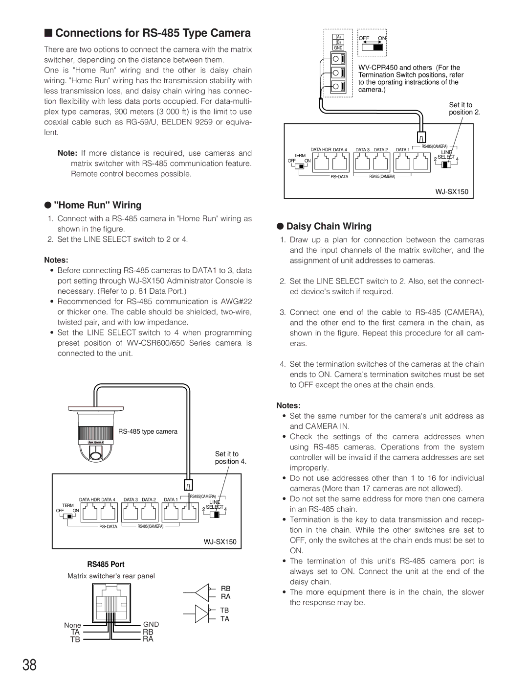 Panasonic WJ-SX 150 manual Connections for RS-485 Type Camera, Home Run Wiring, Daisy Chain Wiring, RS485 Port 